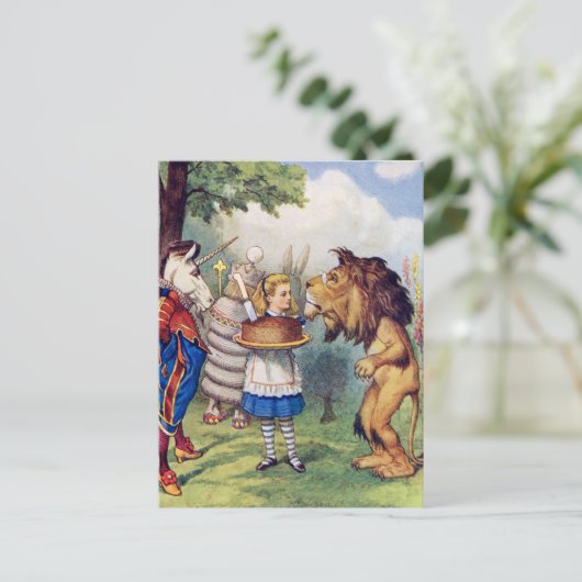 Alice bietet dir Kuchen zum Löwen und zum Einhorn Postkarte (Stehend Vorderseite)