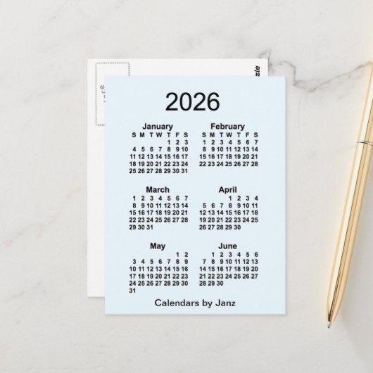 Alice Blue 6 Monate Mini-Kalender 2026 von Janz Postkarte (Vorderseite/Rückseite Beispiel)