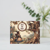 Alice & Cheshire Cat: Whimsical Wonderland Fantasy Ankündigungspostkarte (Stehend Vorderseite)