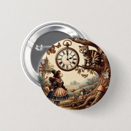 Alice & Cheshire Cat: Whimsical Wonderland Fantasy Button (Vorne & Hinten)