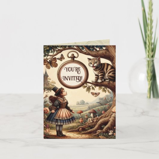 Alice & Cheshire Cat: Whimsical Wonderland Fantasy Einladung (Vorderseite)