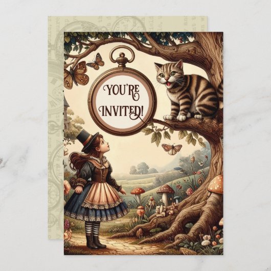 Alice & Cheshire Cat: Whimsical Wonderland Fantasy Einladung (Vorne/Hinten)
