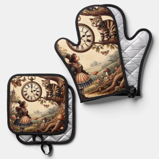 Alice & Cheshire Cat: Whimsical Wonderland Fantasy Ofenhandschuh & Topflappen-Set (Vorderseite/Rückseite)