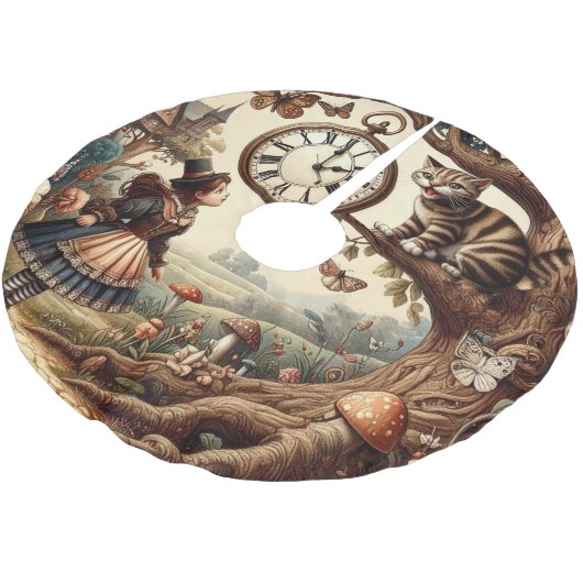 Alice & Cheshire Cat: Whimsical Wonderland Fantasy Polyester Weihnachtsbaumdecke (Schrägansicht)