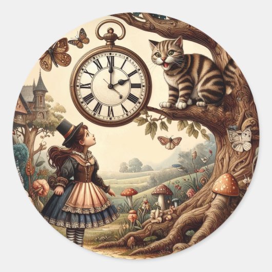 Alice & Cheshire Cat: Whimsical Wonderland Fantasy Runder Aufkleber (Vorderseite)