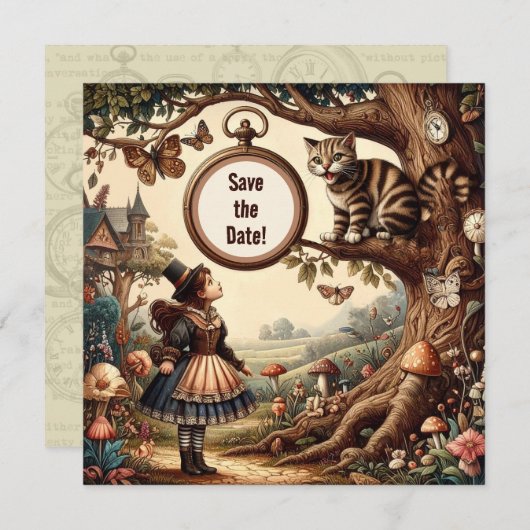Alice & Cheshire Cat: Whimsical Wonderland Fantasy Save The Date (Vorne/Hinten)