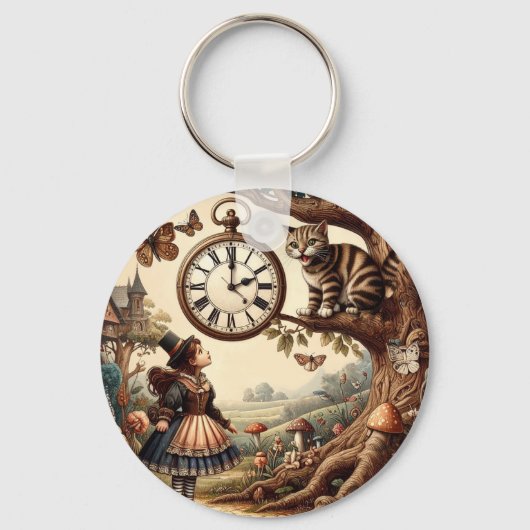 Alice & Cheshire Cat: Whimsical Wonderland Fantasy Schlüsselanhänger (Vorderseite)