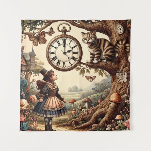 Alice & Cheshire Cat: Whimsical Wonderland Fantasy Wandteppich (Vorderseite)