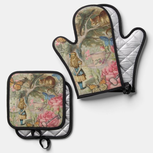 Alice Cheshire Cat Wonderland Tree Garden Ofenhandschuh & Topflappen-Set (Vorderseite/Rückseite)