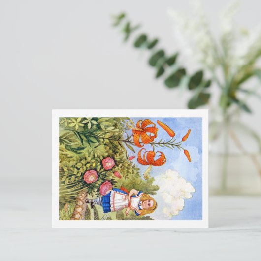 Alice Encounters Talking Flowers in Wonderland Postkarte (Stehend Vorderseite)