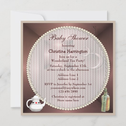 Alice, Flamingo & Cheshire Cat Babydusche Einladung (Rückseite)