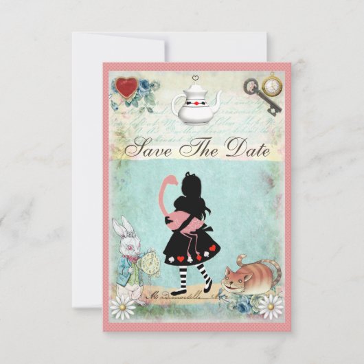 Alice, Flamingo und Cat Save the Date Wedding Einladung (Vorderseite)