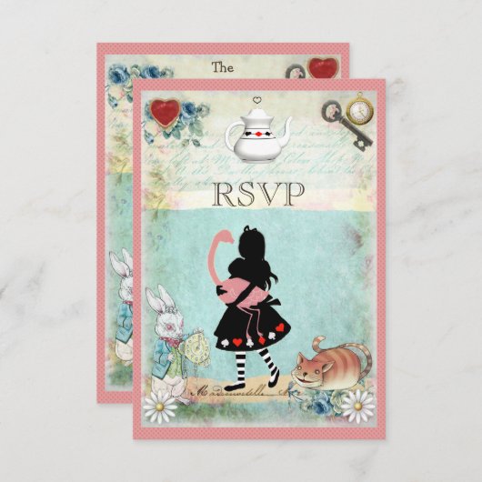 Alice, Flamingo und Cheshire Cat UAWG RSVP Karte (Vorne/Hinten)
