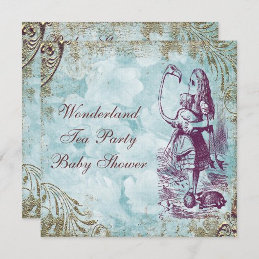 Alice & Flamingo Wonderland Babydusche Party Einladung (Vorne/Hinten)