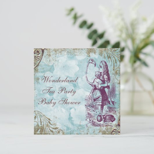 Alice & Flamingo Wonderland Babydusche Party Einladung (Stehend Vorderseite)
