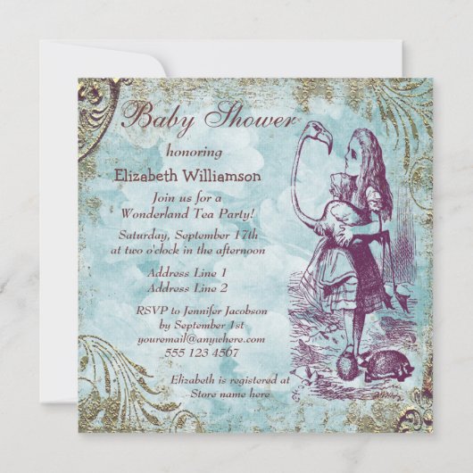 Alice & Flamingo Wonderland Babydusche Party Einladung (Rückseite)