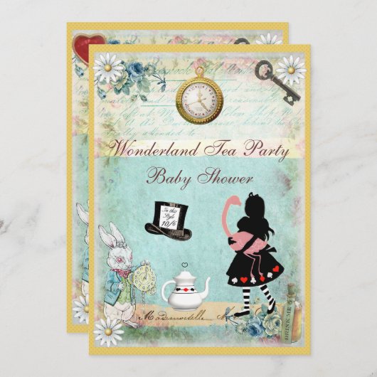 Alice & Flamingo Wonderland Babydusche Party Einladung (Vorne/Hinten)