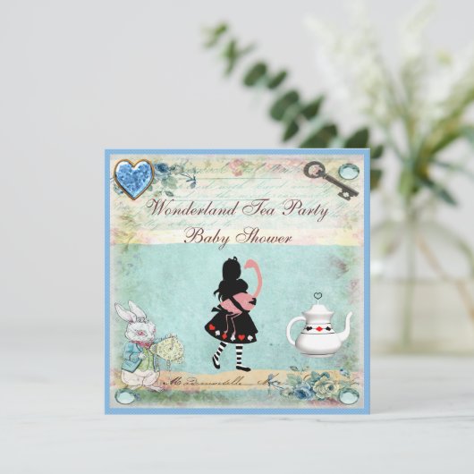 Alice & Flamingo Wonderland Babydusche Party Einladung (Stehend Vorderseite)