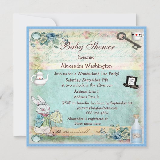 Alice & Flamingo Wonderland Babydusche Party Einladung (Rückseite)