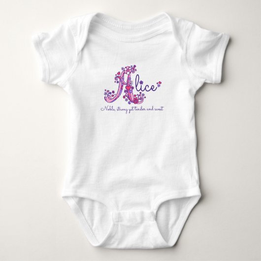 Alice Girls Name & Bedeutung Eine Monogramm-Kleidu Baby Strampler (Vorderseite)