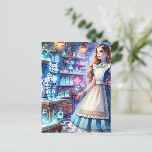 Alice im Steampunk-Apotheker mit Roboter-Katze Postkarte (Stehend Vorderseite)