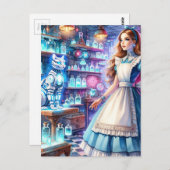 Alice im Steampunk-Apotheker mit Roboter-Katze Postkarte (Vorne/Hinten)