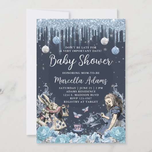 Alice im Winter Wonderland Blue Einladung (Vorderseite)