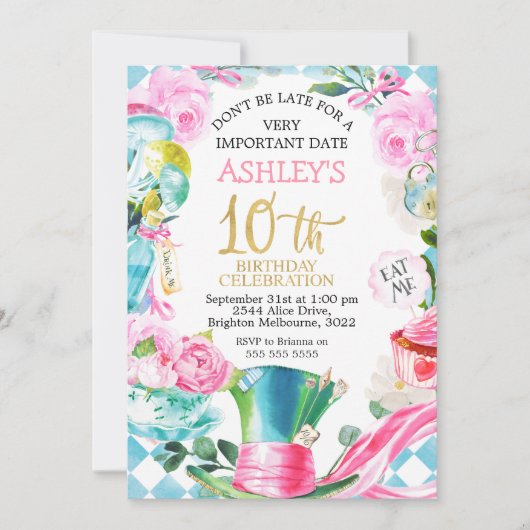 Alice im Wunderland 10. Geburtstag Einladung (Vorderseite)