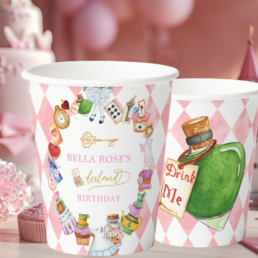 Alice im Wunderland 1. Geburtstag Pink Pappbecher