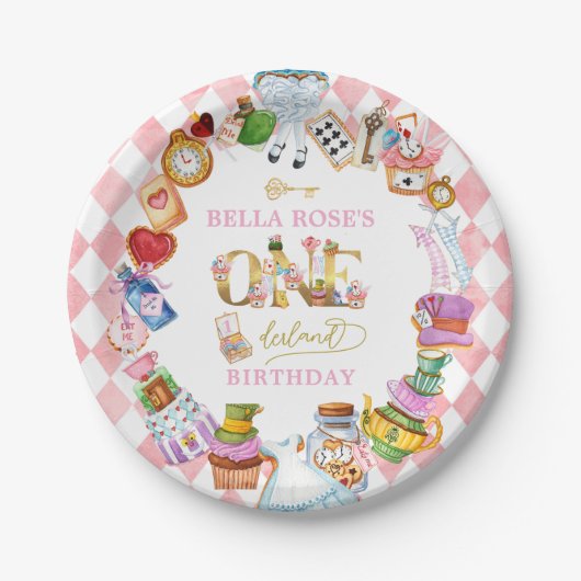 Alice im Wunderland 1. Geburtstag Pink Pappteller (Vorderseite)