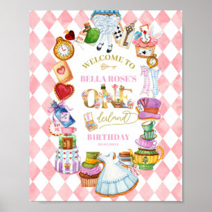 Alice im Wunderland 1. Geburtstag Pink Willkommen Poster