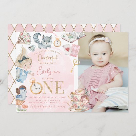 Alice im Wunderland 1. Geburtstag Tee Party Einladung (Vorne/Hinten)