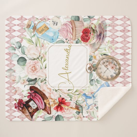 Alice im Wunderland Aquarellfarben Blumenrosa Sherpadecke (Vorderseite (Horizontal))