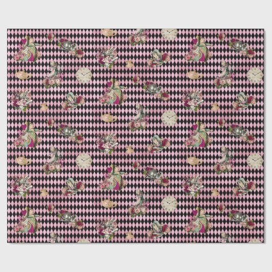 Alice im Wunderland auf rosa und schwarzem Geschenkpapier (Flach)