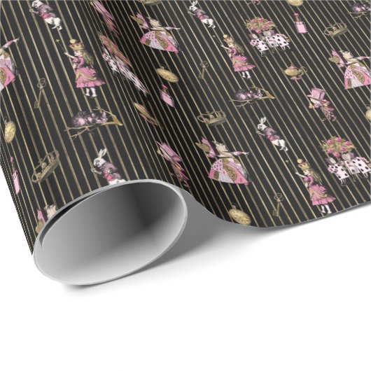 Alice im Wunderland auf schwarz und goldgestreifte Geschenkpapier (Rolleneckpunkt)