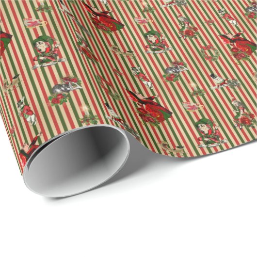 Alice im Wunderland auf Weihnachten rot/grün gestr Geschenkpapier (Rolleneckpunkt)
