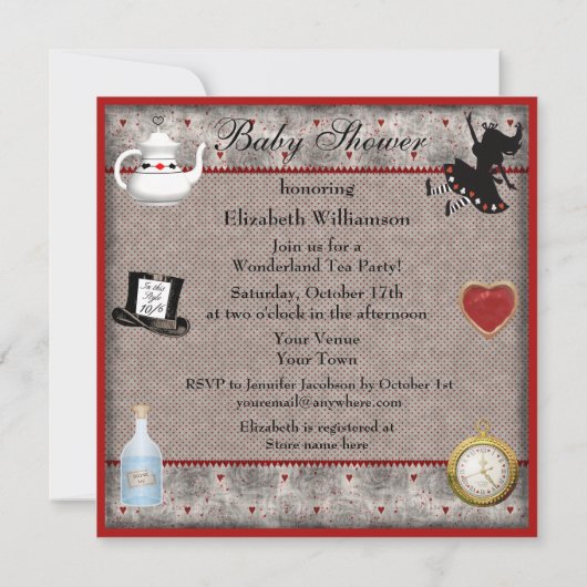 Alice im Wunderland Baby Dusche Tee Party lädt ein Einladung (Rückseite)