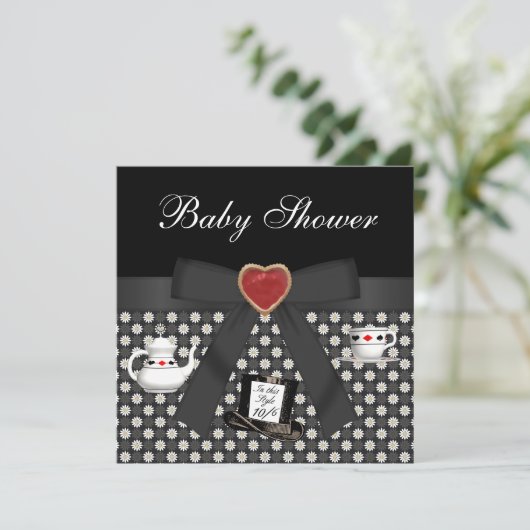 Alice im Wunderland Baby Dusche Tee Party Schwarz Einladung (Stehend Vorderseite)