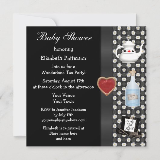 Alice im Wunderland Baby Dusche Tee Party Schwarz Einladung (Rückseite)