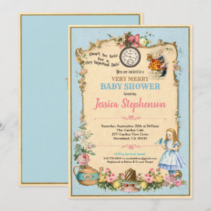Alice im Wunderland Baby Shower Einladung blau