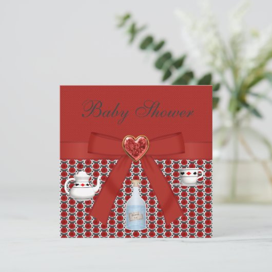Alice im Wunderland Baby Shower Red Tee Party Einladung (Stehend Vorderseite)