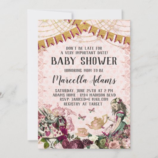 Alice im Wunderland Babydusche Einladung (Vorderseite)