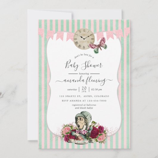 Alice im Wunderland Babydusche Einladung (Vorderseite)