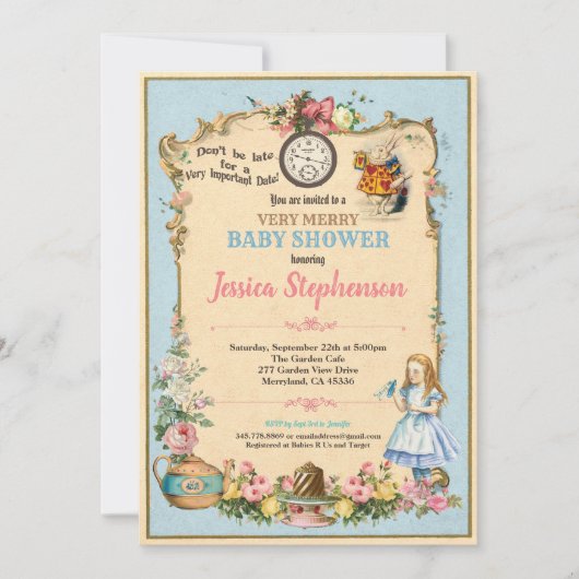 Alice im Wunderland Babydusche Einladung blau (Vorderseite)