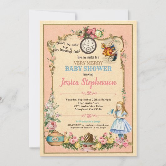Alice im Wunderland Babydusche Einladung rosa (Vorderseite)