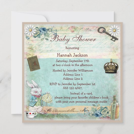 Alice im Wunderland Babydusche mitbringen Einladung (Rückseite)