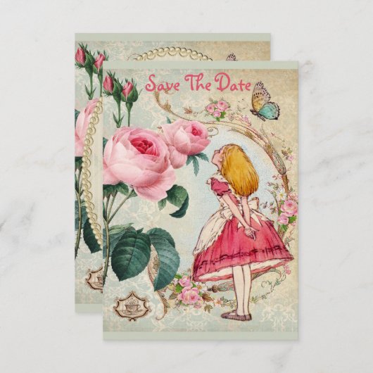 Alice im Wunderland Babydusche Save the Date (Vorne/Hinten)