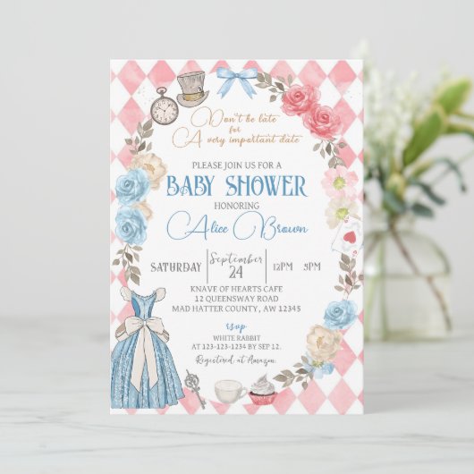 Alice im Wunderland, Babydusche Tee Party Einladung (Stehend Vorderseite)