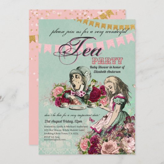 Alice im Wunderland BabyShower MadHatter Tea Party Einladung (Vorne/Hinten)