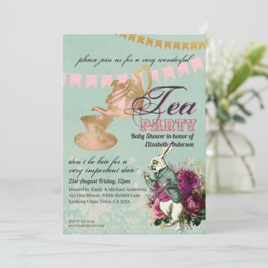 Alice im Wunderland BabyShower MadHatter Tea Party Einladung (Stehend Vorderseite)